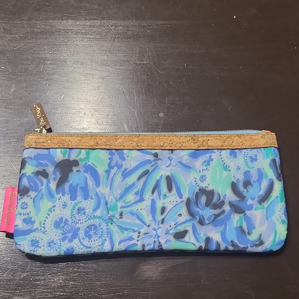 Lilly Pulitzer Blue Floral With Cork Detail Zipper Pencil Pouch